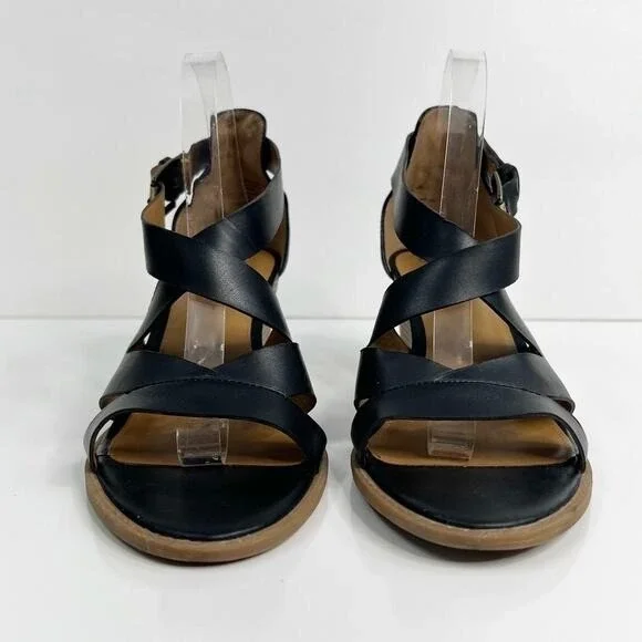 GH Bass & Co Womens 10 Black Leather Crisscross Strap Wedge Heel Renae Sandals - Picture 3 of 12
